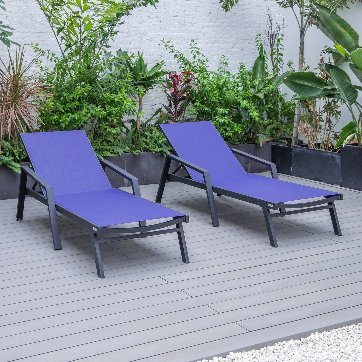 Marlin Patio Chaise Lounge Chair with Armrests in Black Aluminum Frame, Set of 2 - Elax Furniture