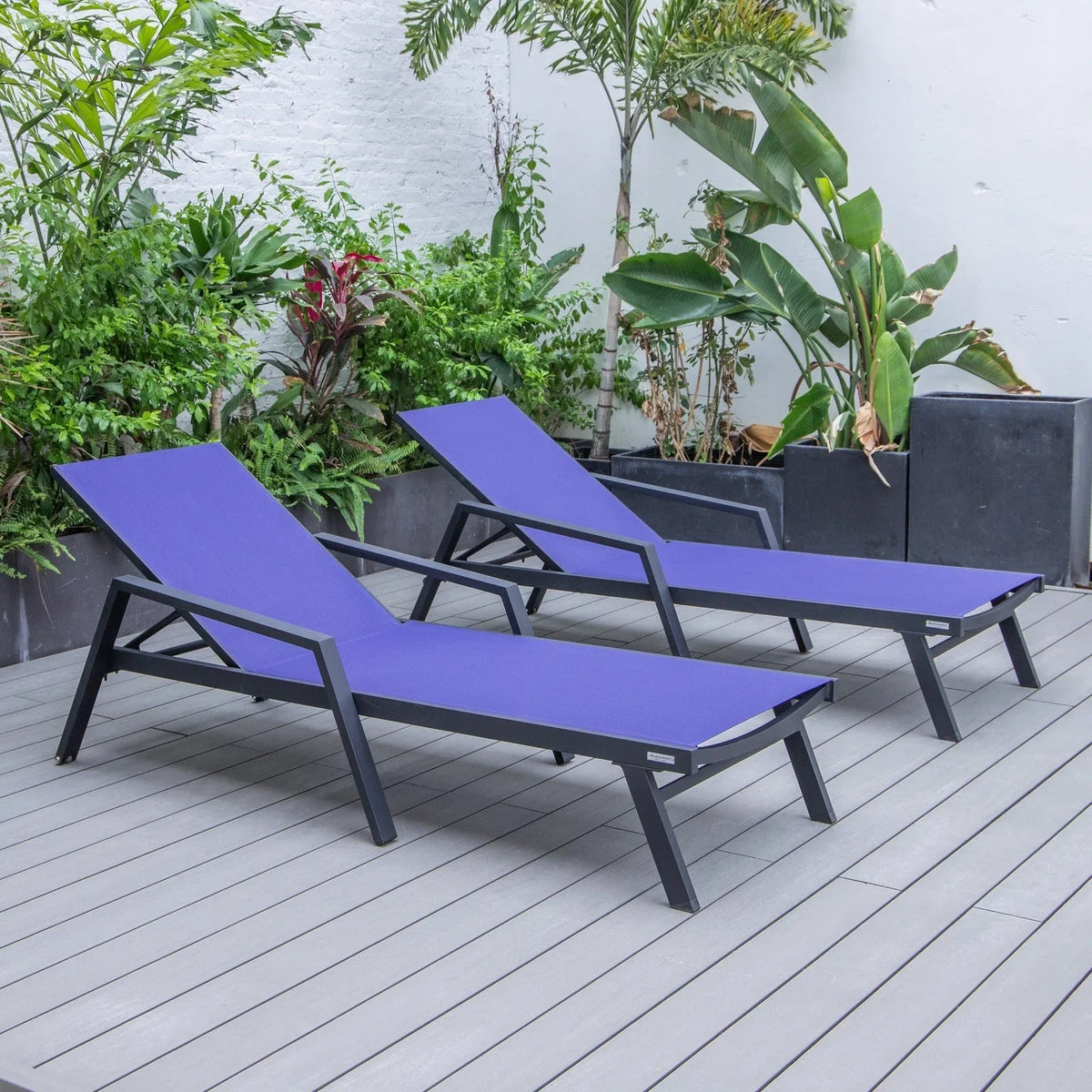 Marlin Patio Chaise Lounge Chair with Armrests in Black Aluminum Frame, Set of 2 - Elax Furniture