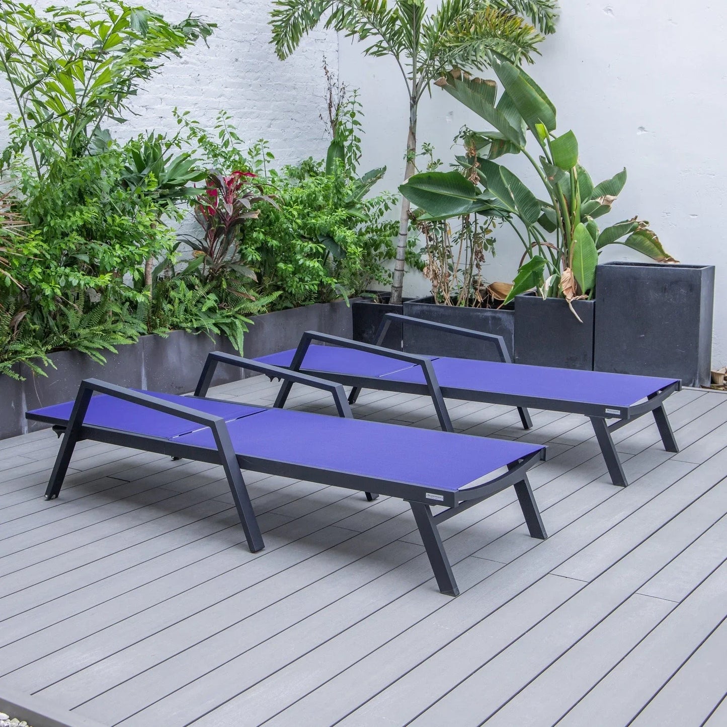 Marlin Patio Chaise Lounge Chair with Armrests in Black Aluminum Frame, Set of 2 - Elax Furniture