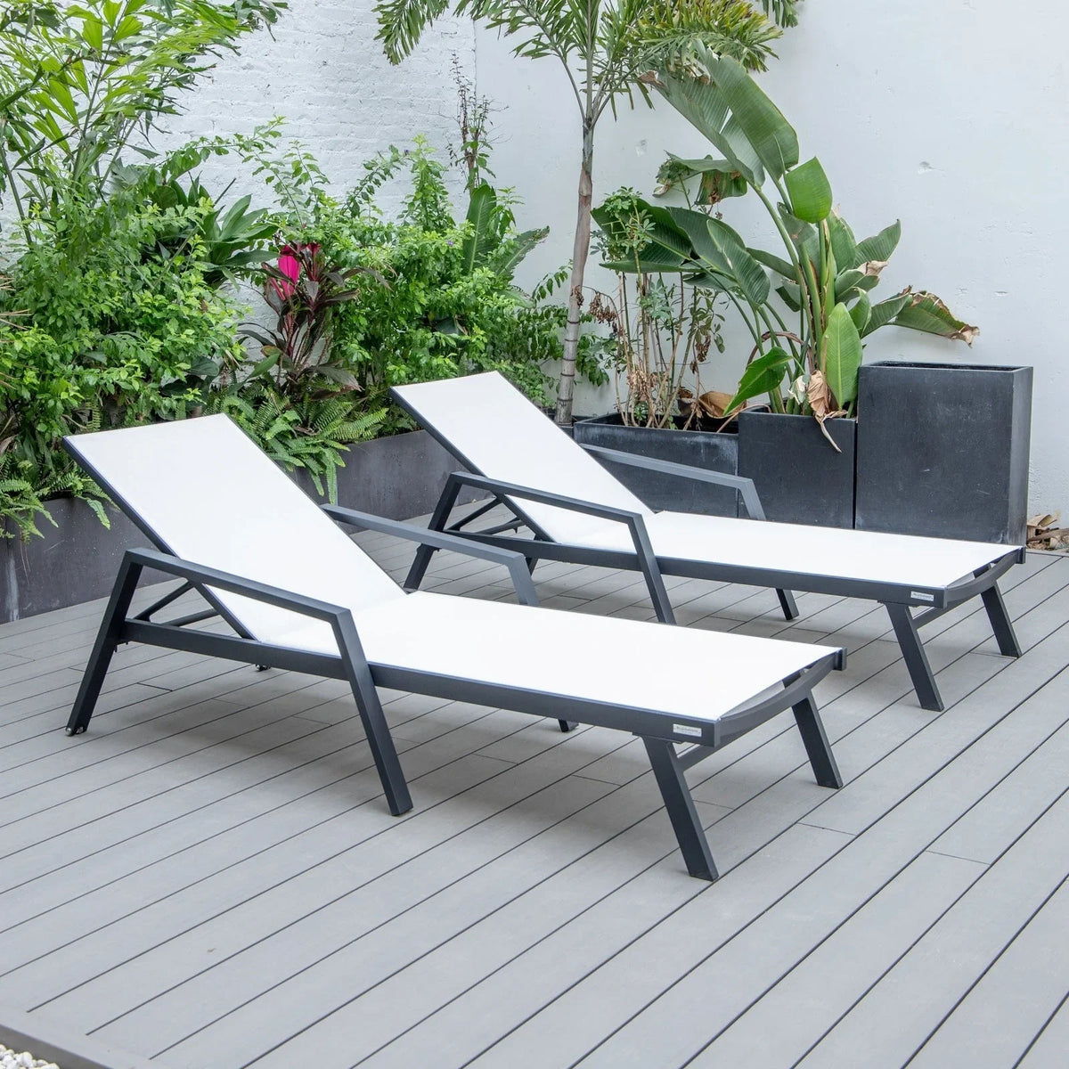 Marlin Patio Chaise Lounge Chair with Armrests in Black Aluminum Frame, Set of 2 - Elax Furniture