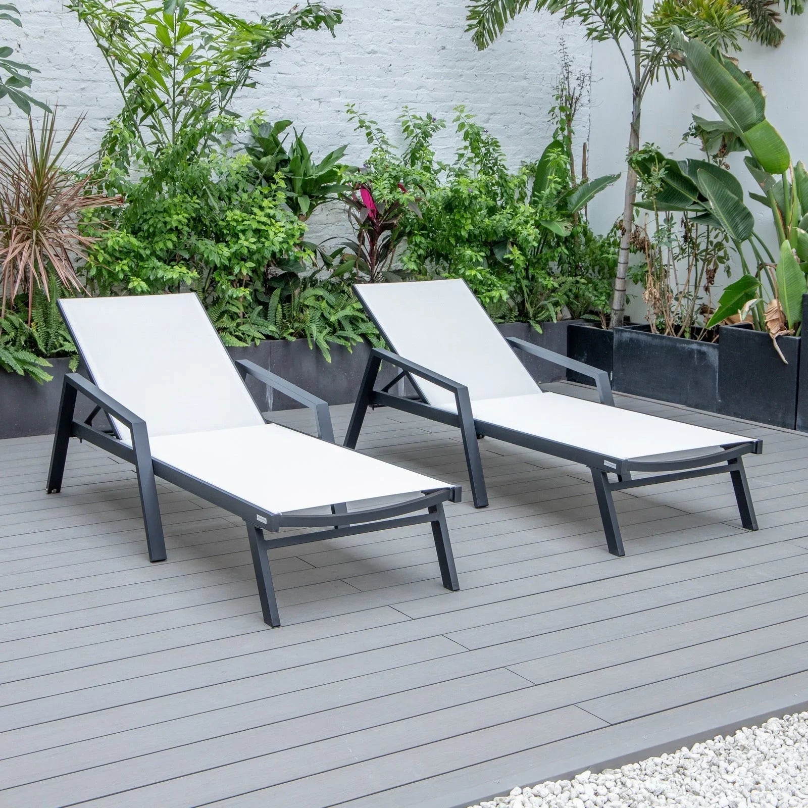 Marlin Patio Chaise Lounge Chair with Armrests in Black Aluminum Frame, Set of 2 - Elax Furniture