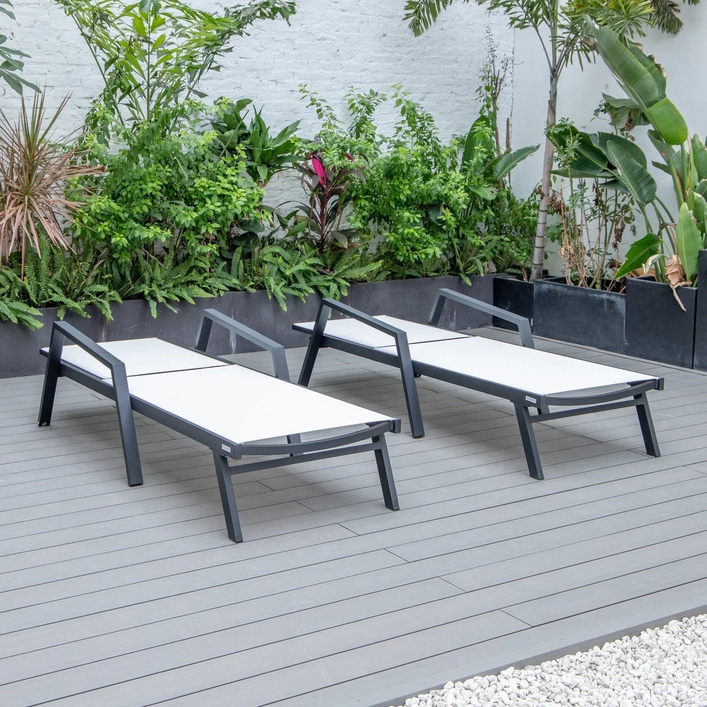 Marlin Patio Chaise Lounge Chair with Armrests in Black Aluminum Frame, Set of 2 - Elax Furniture