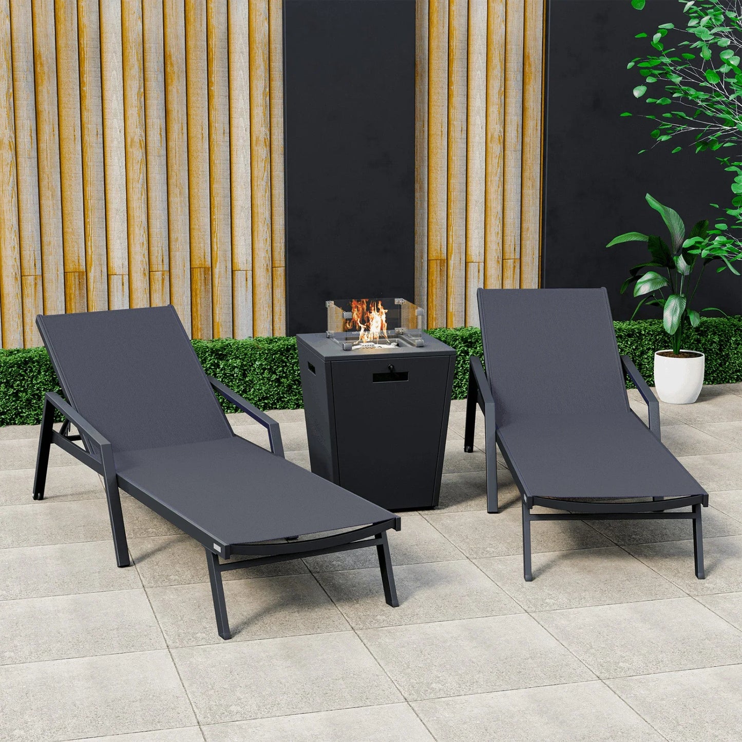 Marlin Modern Black Aluminum Outdoor Chaise Lounge Chair Set of 2 With Arms and Square Fire Pit Side Table for Patio - Elax Furniture