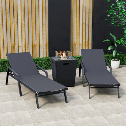 Marlin Modern Black Aluminum Outdoor Chaise Lounge Chair Set of 2 With Arms and Square Fire Pit Side Table for Patio - Elax Furniture