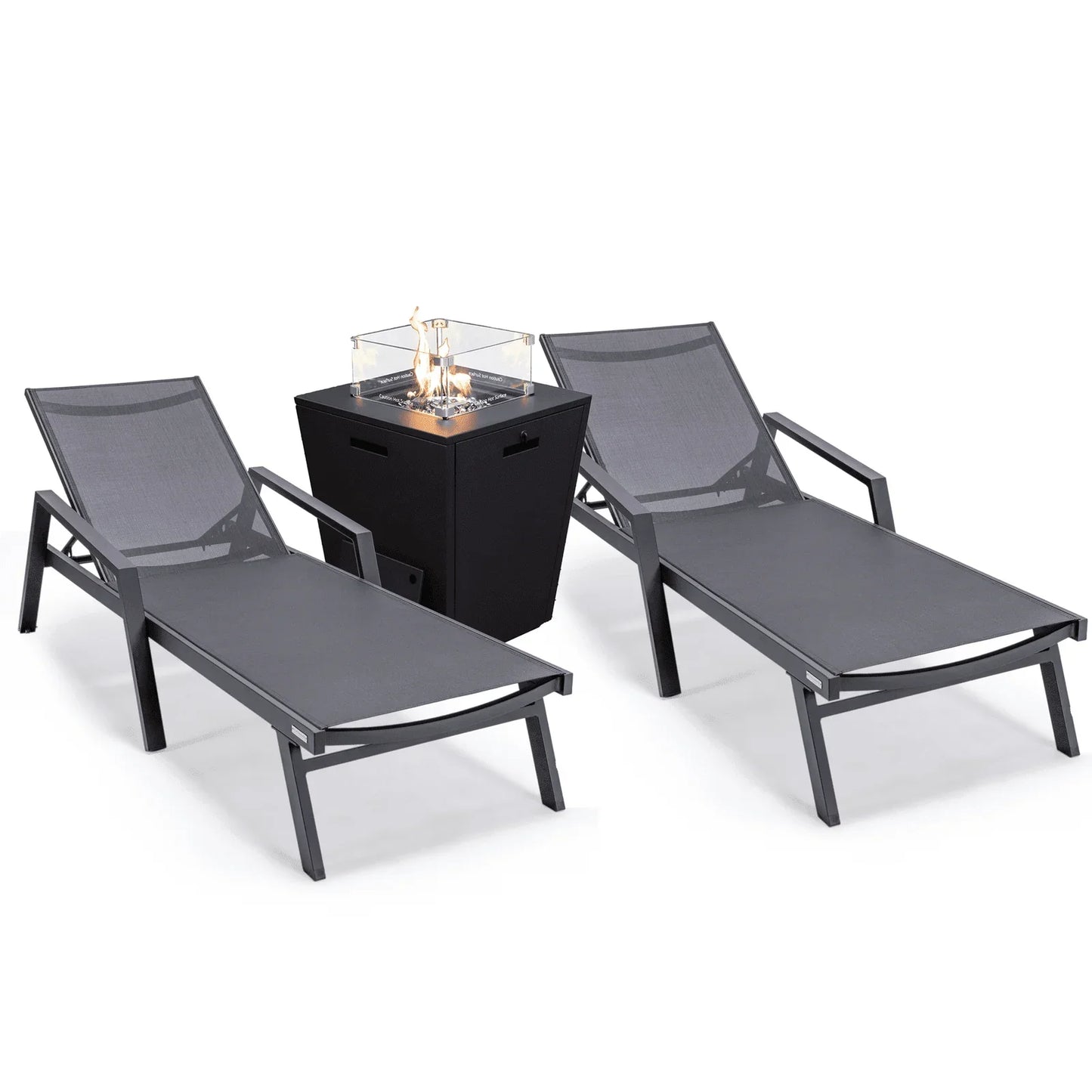 Marlin Modern Black Aluminum Outdoor Chaise Lounge Chair Set of 2 With Arms and Square Fire Pit Side Table for Patio - Elax Furniture