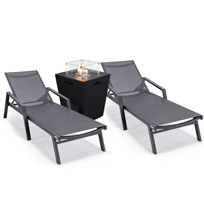 Marlin Modern Black Aluminum Outdoor Chaise Lounge Chair Set of 2 With Arms and Square Fire Pit Side Table for Patio - Elax Furniture