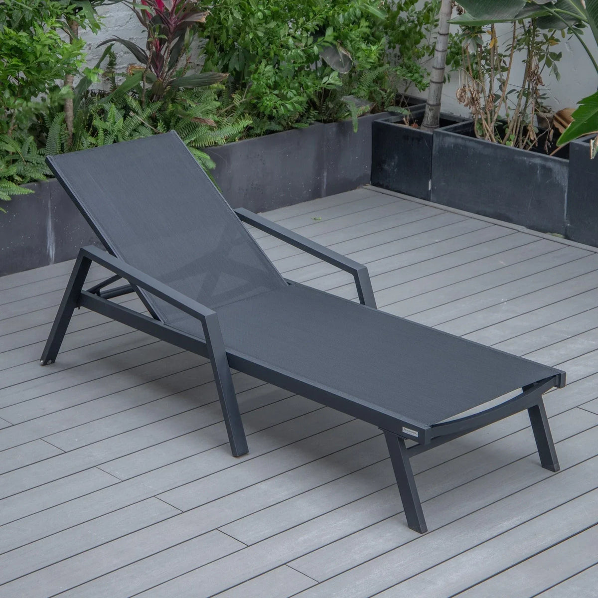 Marlin Modern Black Aluminum Outdoor Chaise Lounge Chair Set of 2 With Arms and Square Fire Pit Side Table for Patio - Elax Furniture