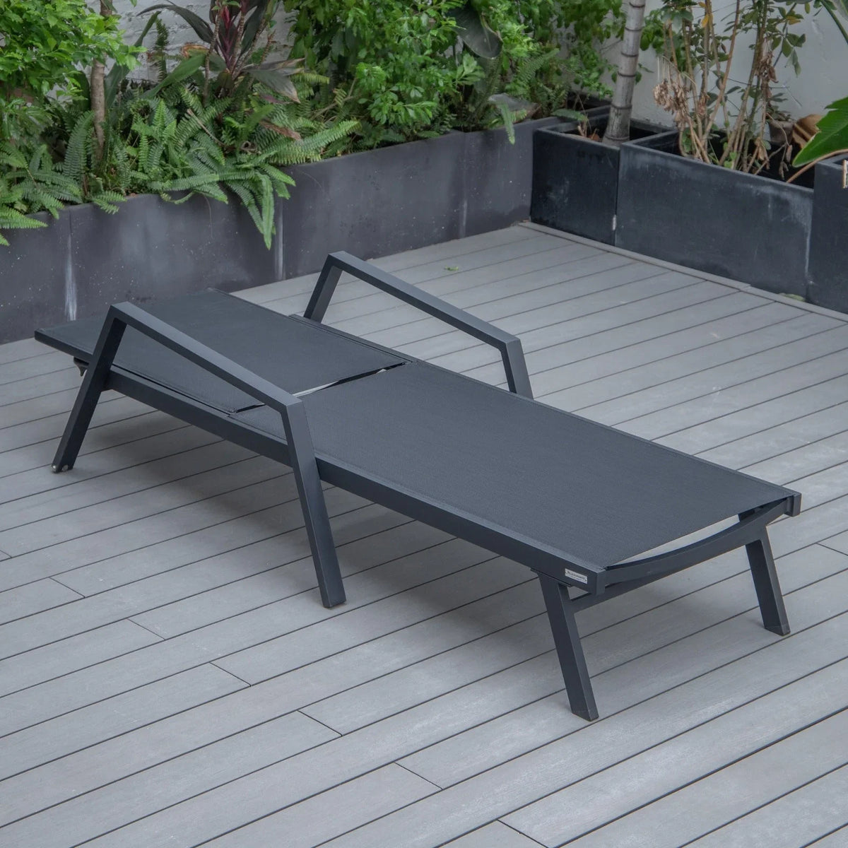 Marlin Modern Black Aluminum Outdoor Chaise Lounge Chair Set of 2 With Arms and Square Fire Pit Side Table for Patio - Elax Furniture