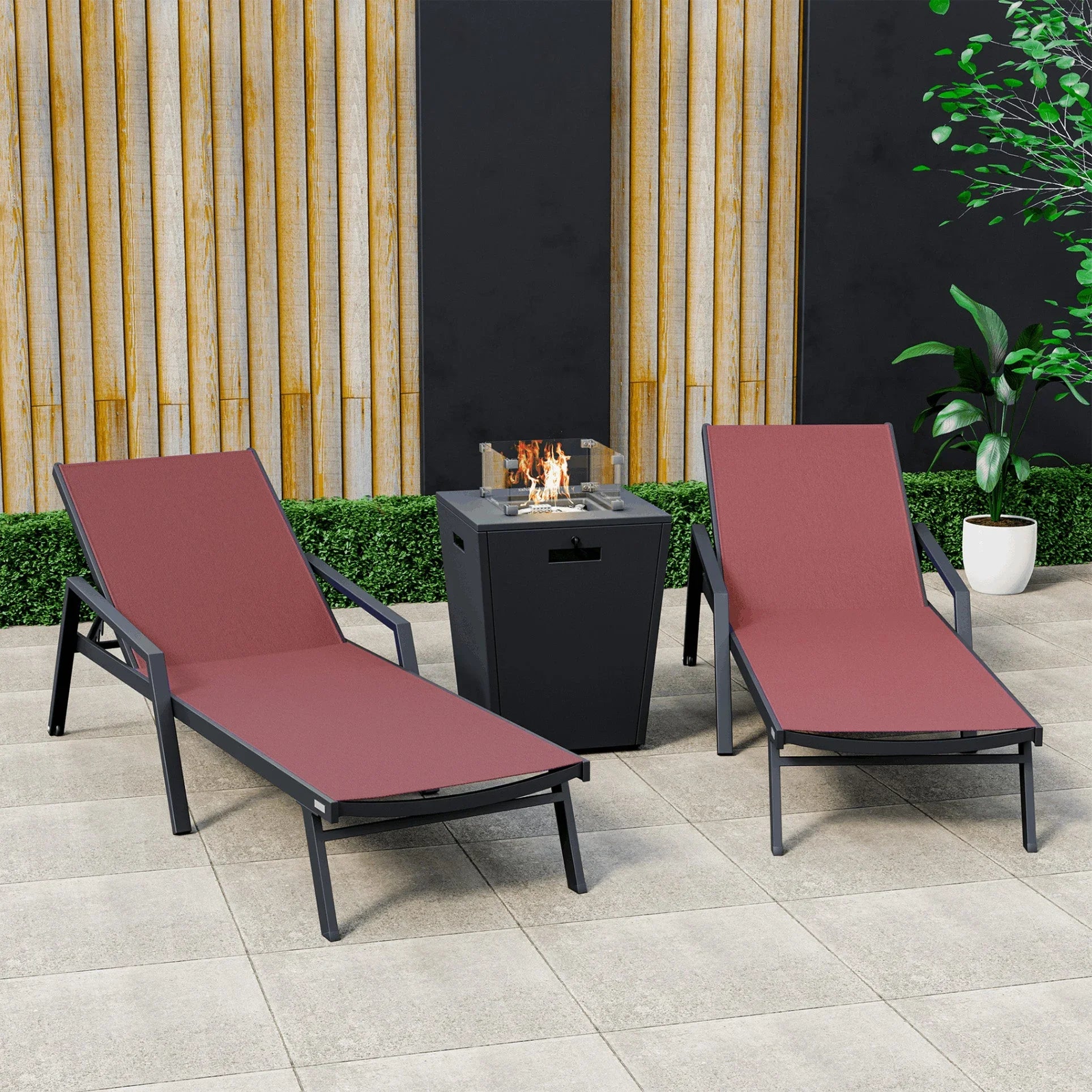 Marlin Modern Black Aluminum Outdoor Chaise Lounge Chair Set of 2 With Arms and Square Fire Pit Side Table for Patio - Elax Furniture