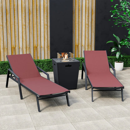 Marlin Modern Black Aluminum Outdoor Chaise Lounge Chair Set of 2 With Arms and Square Fire Pit Side Table for Patio - Elax Furniture
