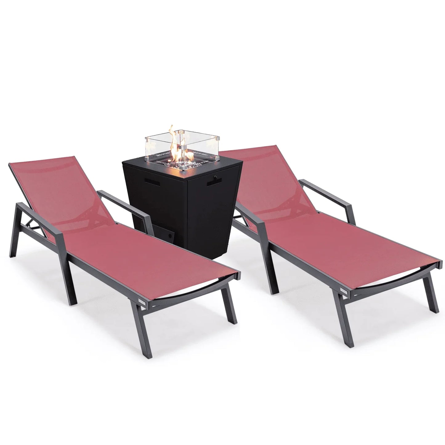 Marlin Modern Black Aluminum Outdoor Chaise Lounge Chair Set of 2 With Arms and Square Fire Pit Side Table for Patio - Elax Furniture