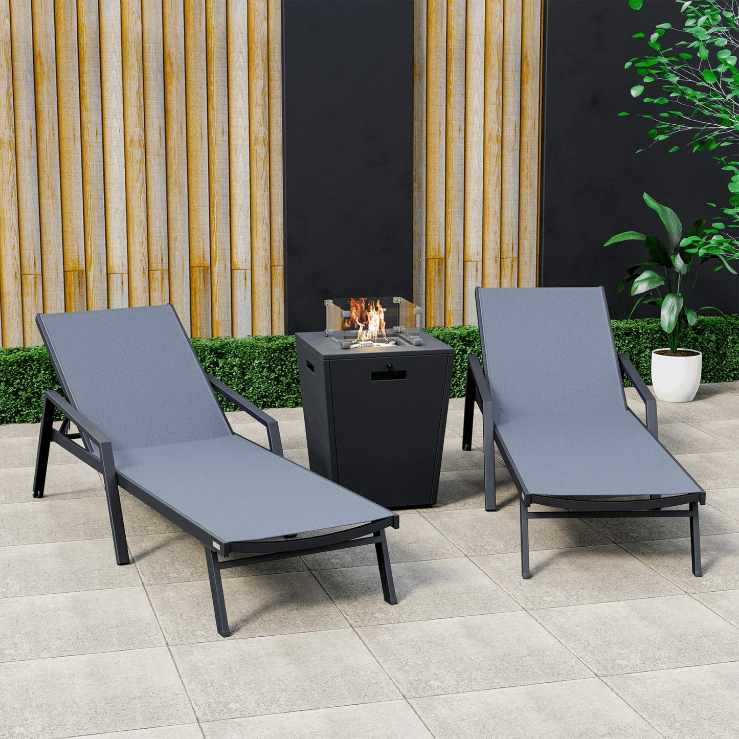 Marlin Modern Black Aluminum Outdoor Chaise Lounge Chair Set of 2 With Arms and Square Fire Pit Side Table for Patio - Elax Furniture