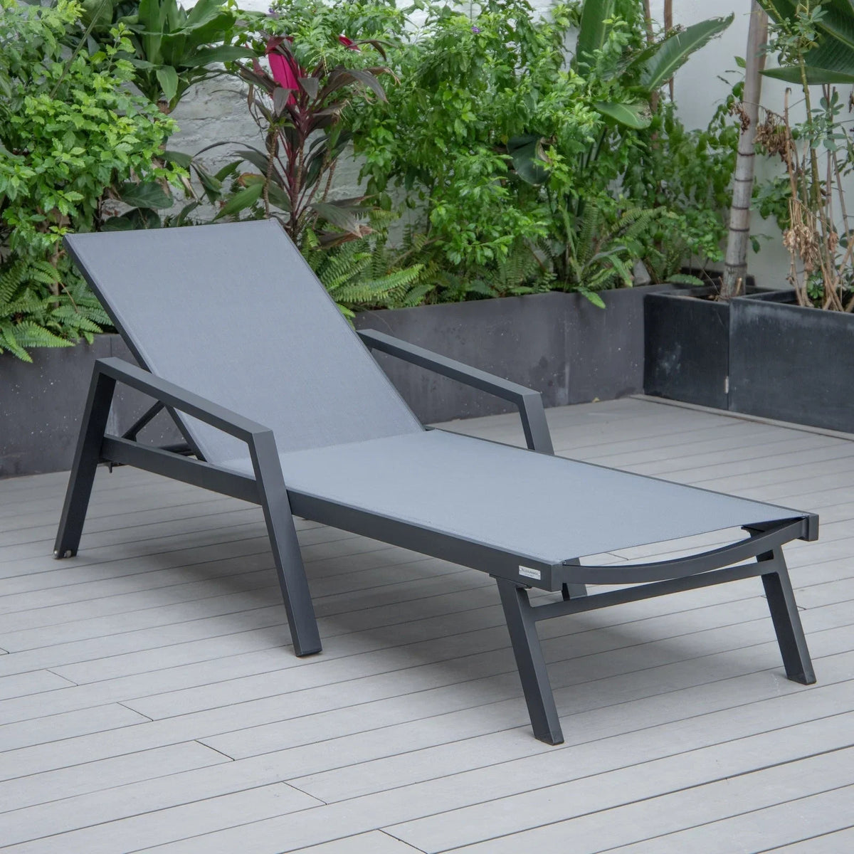 Marlin Modern Black Aluminum Outdoor Chaise Lounge Chair Set of 2 With Arms and Square Fire Pit Side Table for Patio - Elax Furniture