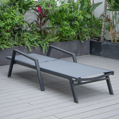 Marlin Modern Black Aluminum Outdoor Chaise Lounge Chair Set of 2 With Arms and Square Fire Pit Side Table for Patio - Elax Furniture