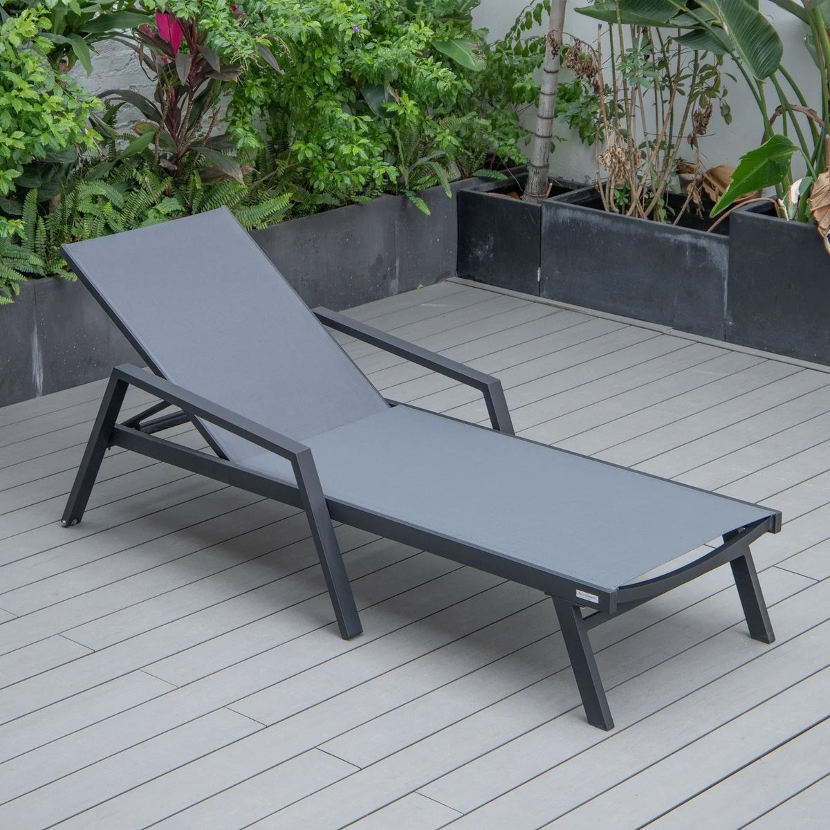Marlin Modern Black Aluminum Outdoor Chaise Lounge Chair Set of 2 With Arms and Square Fire Pit Side Table for Patio - Elax Furniture