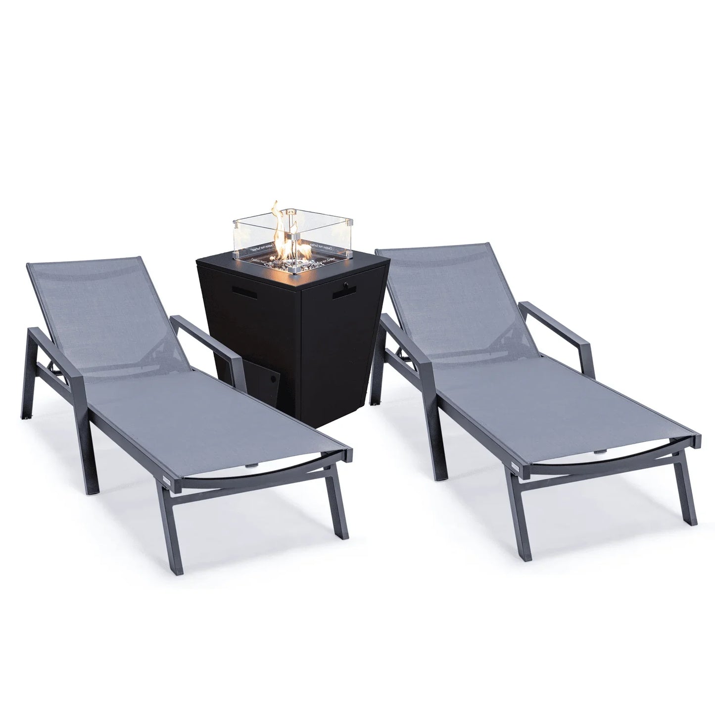 Marlin Modern Black Aluminum Outdoor Chaise Lounge Chair Set of 2 With Arms and Square Fire Pit Side Table for Patio - Elax Furniture