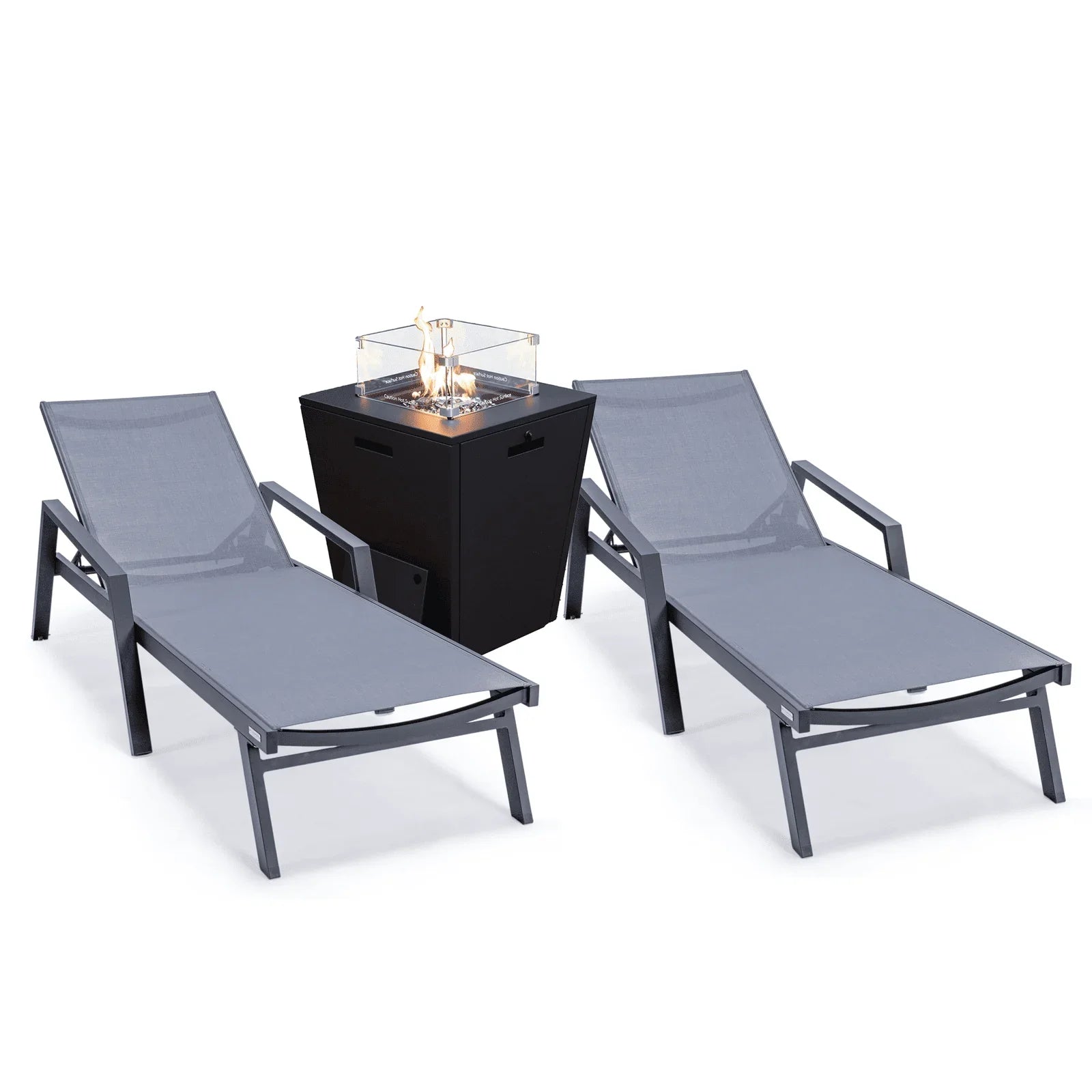 Marlin Modern Black Aluminum Outdoor Chaise Lounge Chair Set of 2 With Arms and Square Fire Pit Side Table for Patio - Elax Furniture