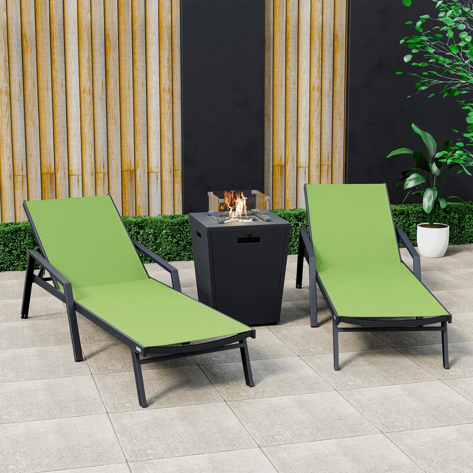 Marlin Modern Black Aluminum Outdoor Chaise Lounge Chair Set of 2 With Arms and Square Fire Pit Side Table for Patio - Elax Furniture