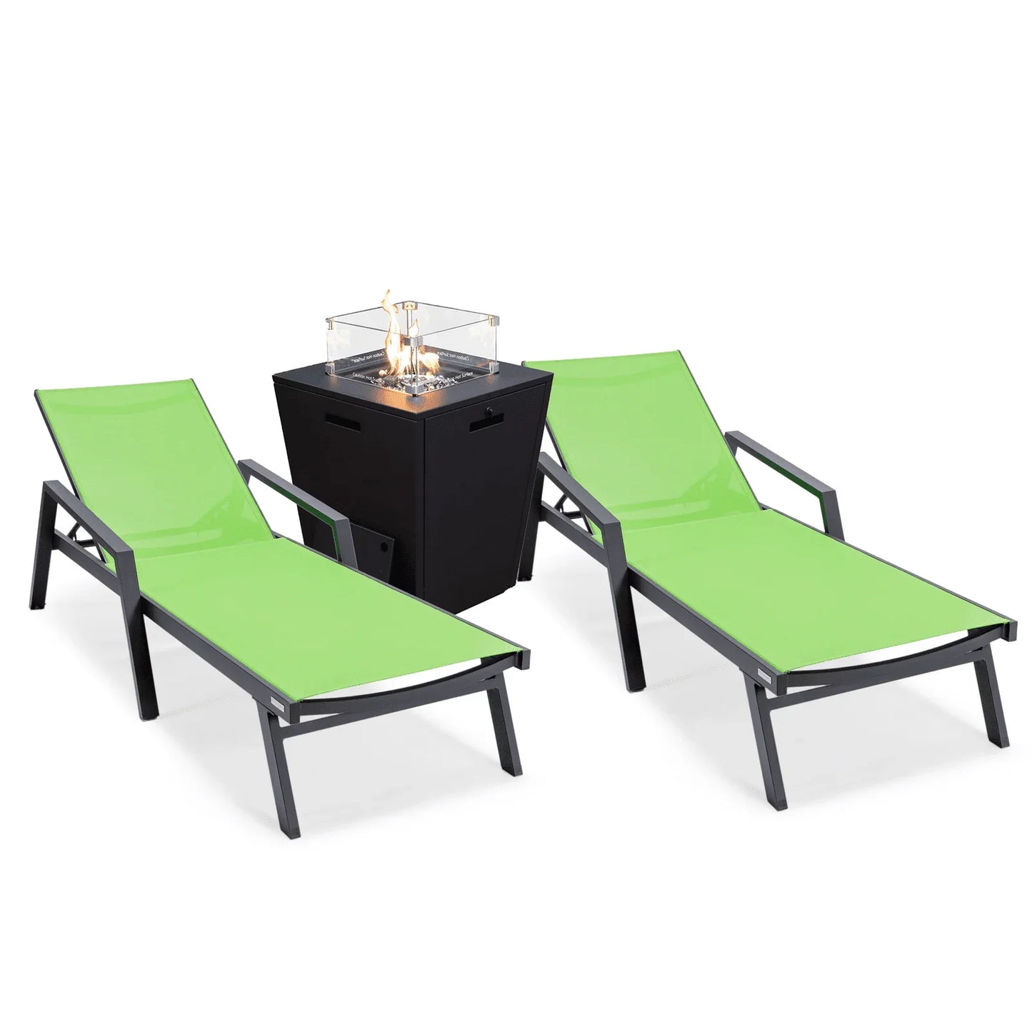 Marlin Modern Black Aluminum Outdoor Chaise Lounge Chair Set of 2 With Arms and Square Fire Pit Side Table for Patio - Elax Furniture