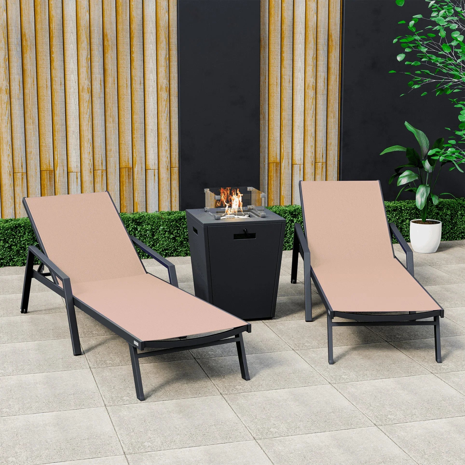 Marlin Modern Black Aluminum Outdoor Chaise Lounge Chair Set of 2 With Arms and Square Fire Pit Side Table for Patio - Elax Furniture