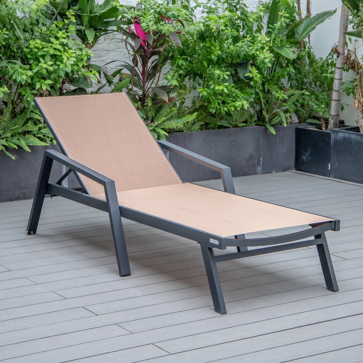 Marlin Modern Black Aluminum Outdoor Chaise Lounge Chair Set of 2 With Arms and Square Fire Pit Side Table for Patio - Elax Furniture