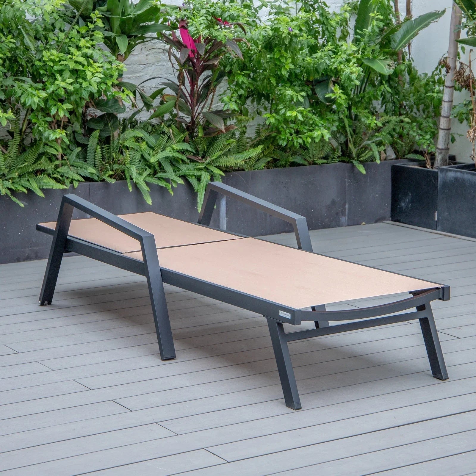 Marlin Modern Black Aluminum Outdoor Chaise Lounge Chair Set of 2 With Arms and Square Fire Pit Side Table for Patio - Elax Furniture