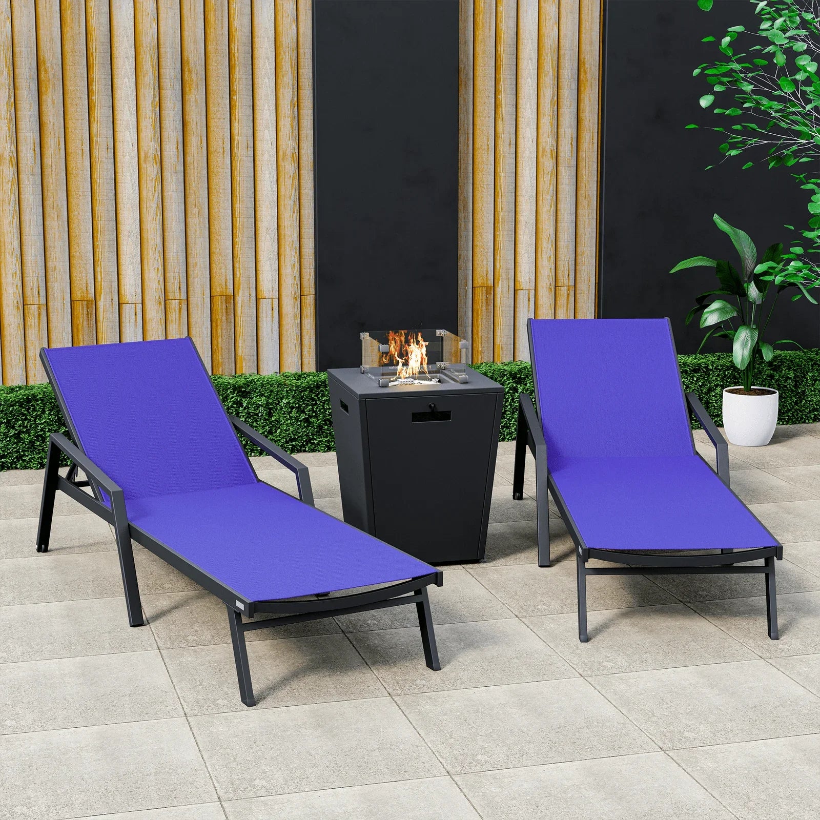 Marlin Modern Black Aluminum Outdoor Chaise Lounge Chair Set of 2 With Arms and Square Fire Pit Side Table for Patio - Elax Furniture