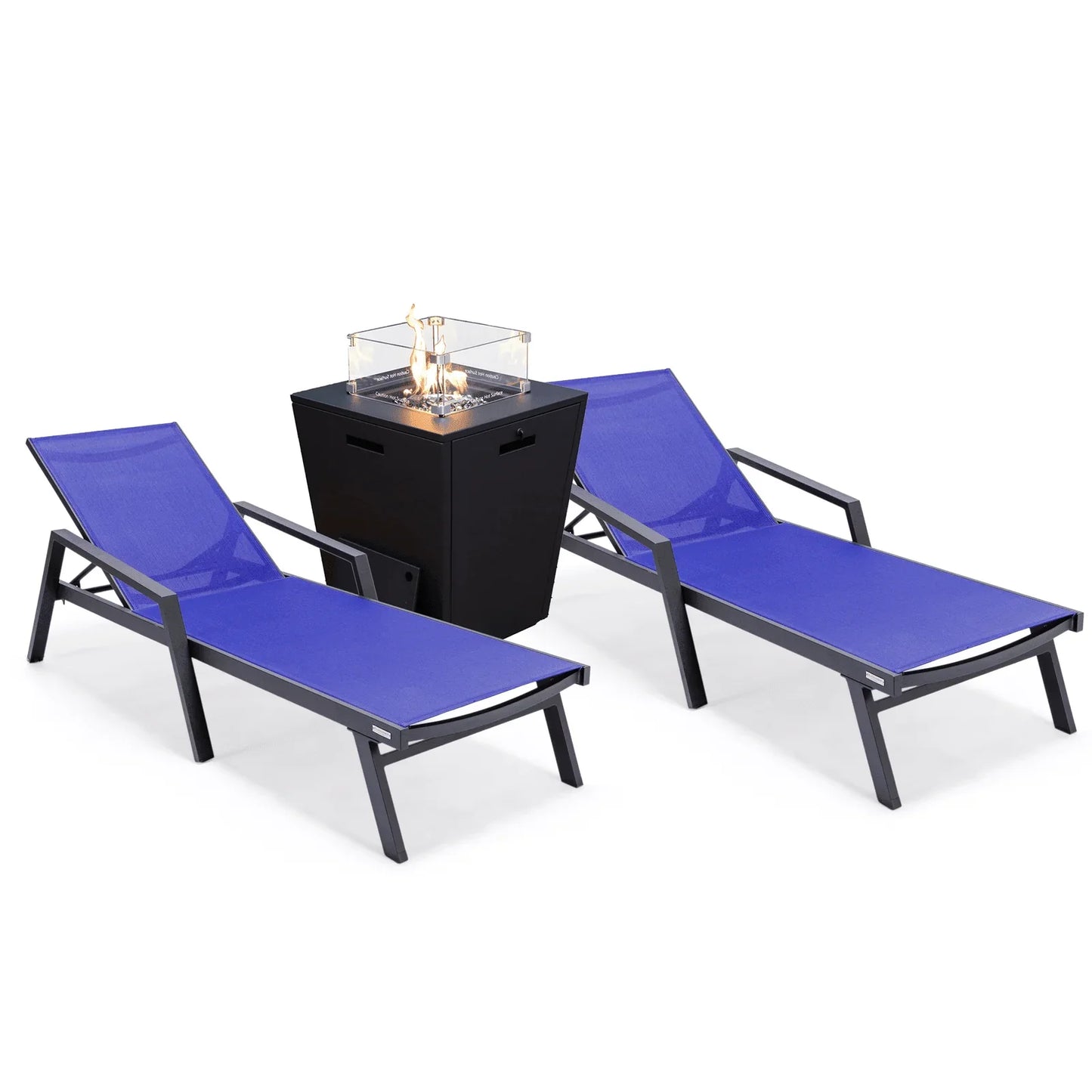 Marlin Modern Black Aluminum Outdoor Chaise Lounge Chair Set of 2 With Arms and Square Fire Pit Side Table for Patio - Elax Furniture