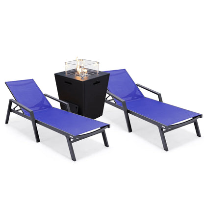 Marlin Modern Black Aluminum Outdoor Chaise Lounge Chair Set of 2 With Arms and Square Fire Pit Side Table for Patio - Elax Furniture