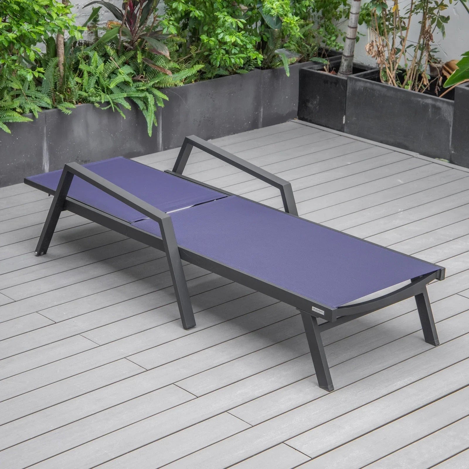 Marlin Modern Black Aluminum Outdoor Chaise Lounge Chair Set of 2 With Arms and Square Fire Pit Side Table for Patio - Elax Furniture