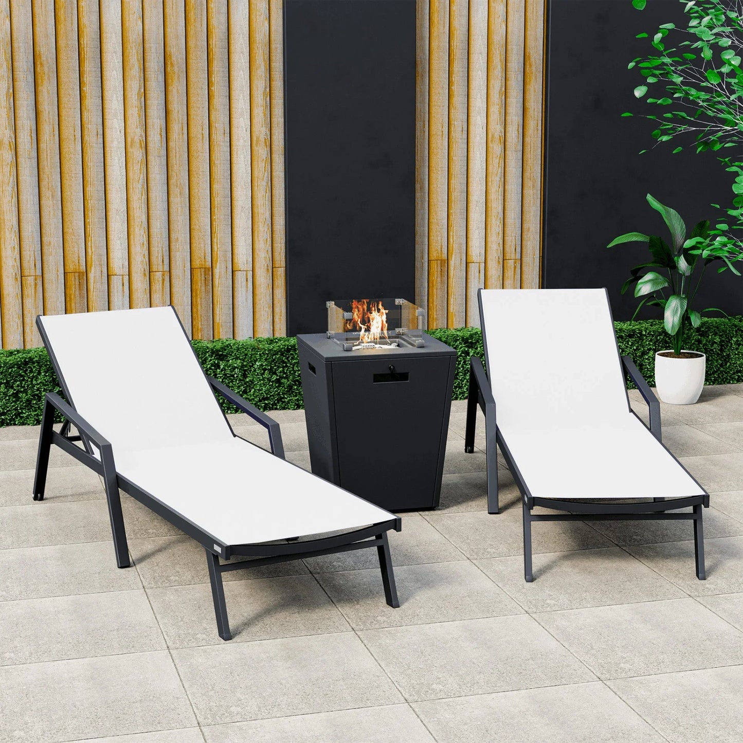 Marlin Modern Black Aluminum Outdoor Chaise Lounge Chair Set of 2 With Arms and Square Fire Pit Side Table for Patio - Elax Furniture