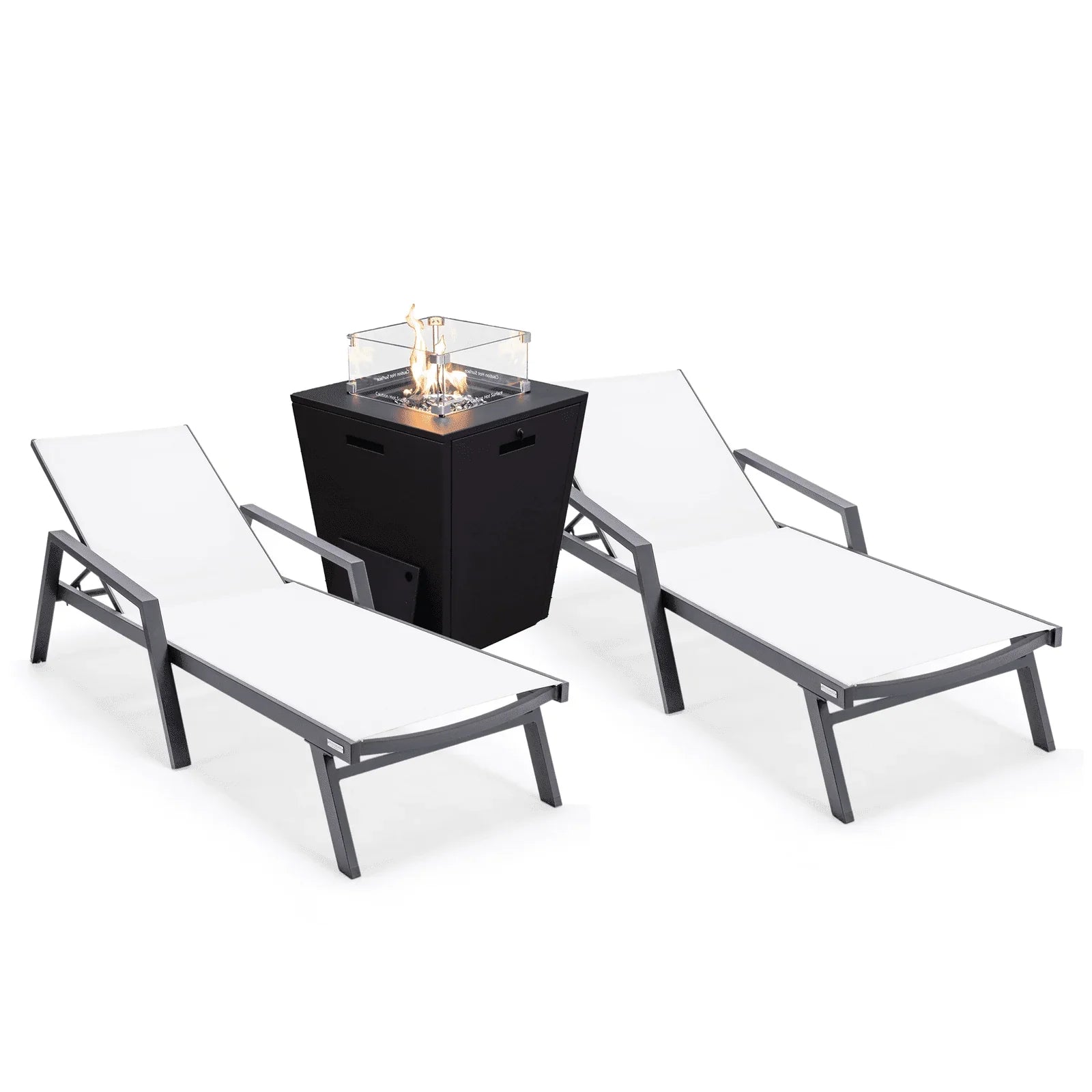 Marlin Modern Black Aluminum Outdoor Chaise Lounge Chair Set of 2 With Arms and Square Fire Pit Side Table for Patio - Elax Furniture