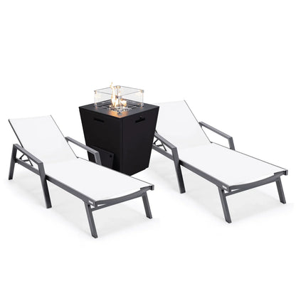 Marlin Modern Black Aluminum Outdoor Chaise Lounge Chair Set of 2 With Arms and Square Fire Pit Side Table for Patio - Elax Furniture