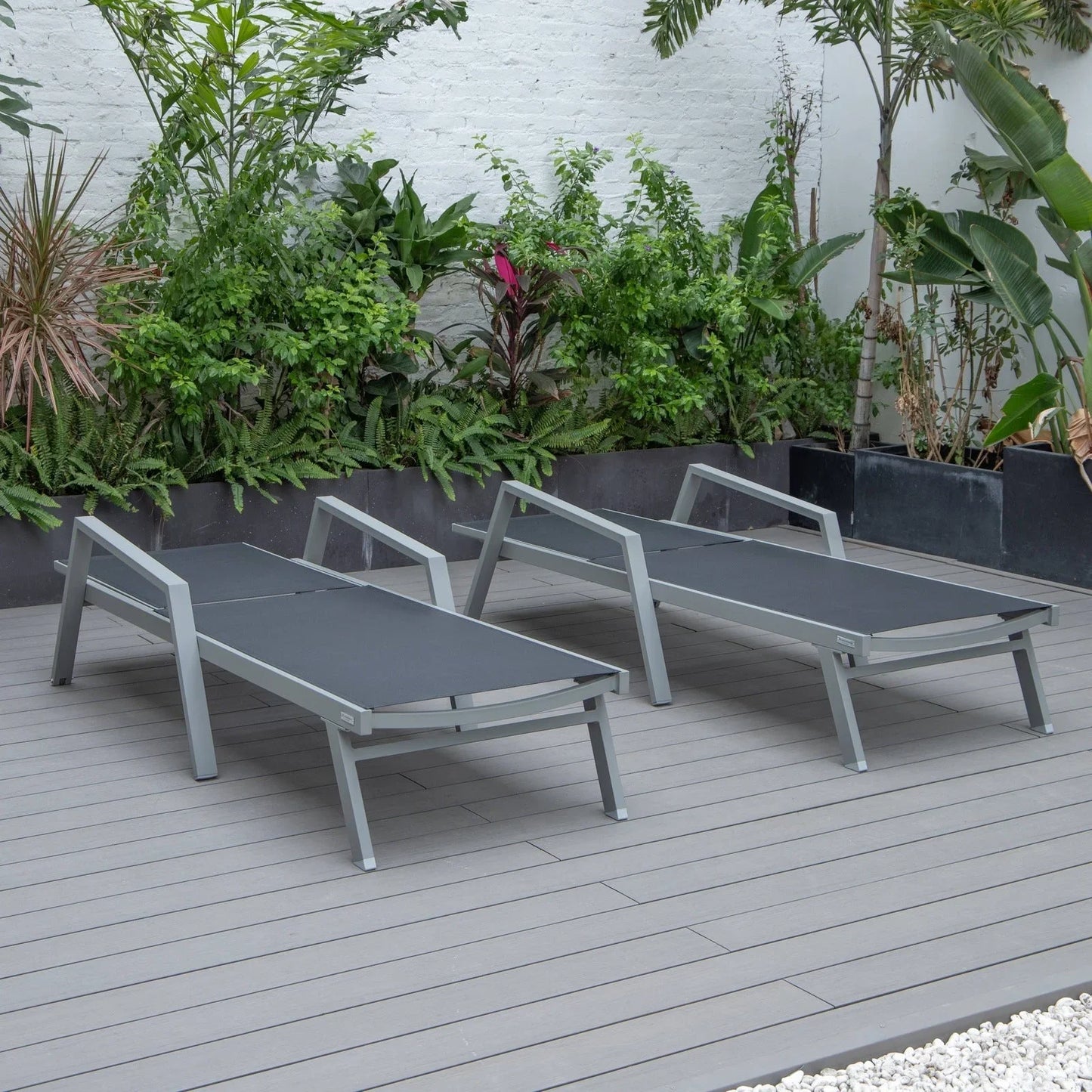 Marlin Patio Chaise Lounge Chair with Armrests in Grey Aluminum Frame, Set of 2 - Elax Furniture