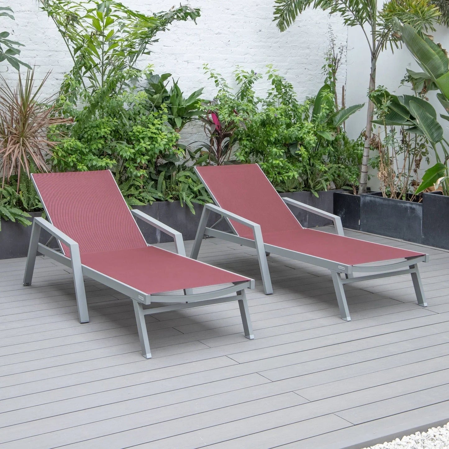 Marlin Patio Chaise Lounge Chair with Armrests in Grey Aluminum Frame, Set of 2 - Elax Furniture