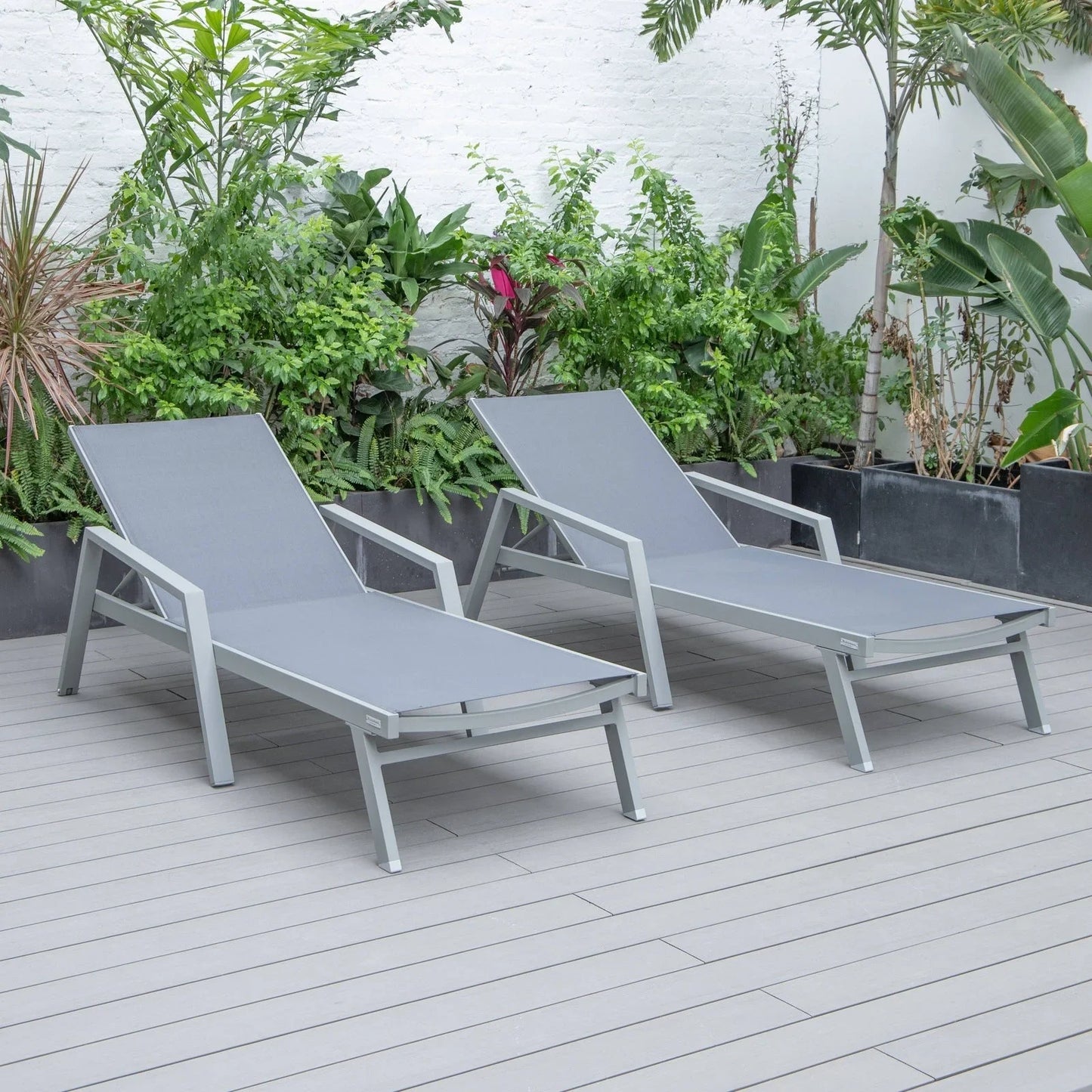 Marlin Patio Chaise Lounge Chair with Armrests in Grey Aluminum Frame, Set of 2 - Elax Furniture