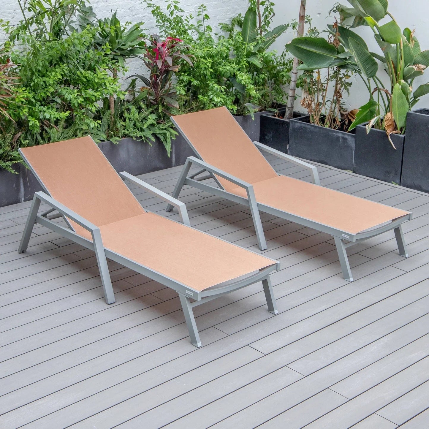 Marlin Patio Chaise Lounge Chair with Armrests in Grey Aluminum Frame, Set of 2 - Elax Furniture