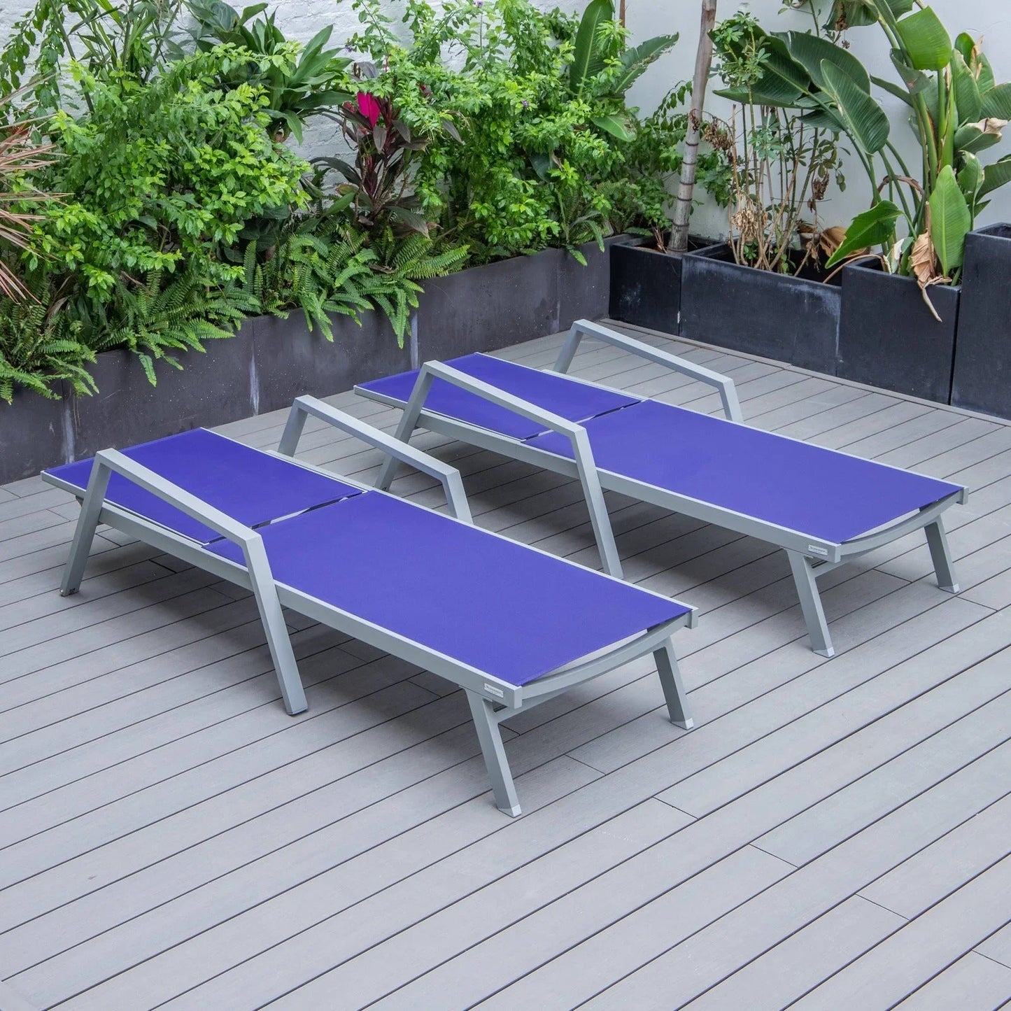 Marlin Patio Chaise Lounge Chair with Armrests in Grey Aluminum Frame, Set of 2 - Elax Furniture