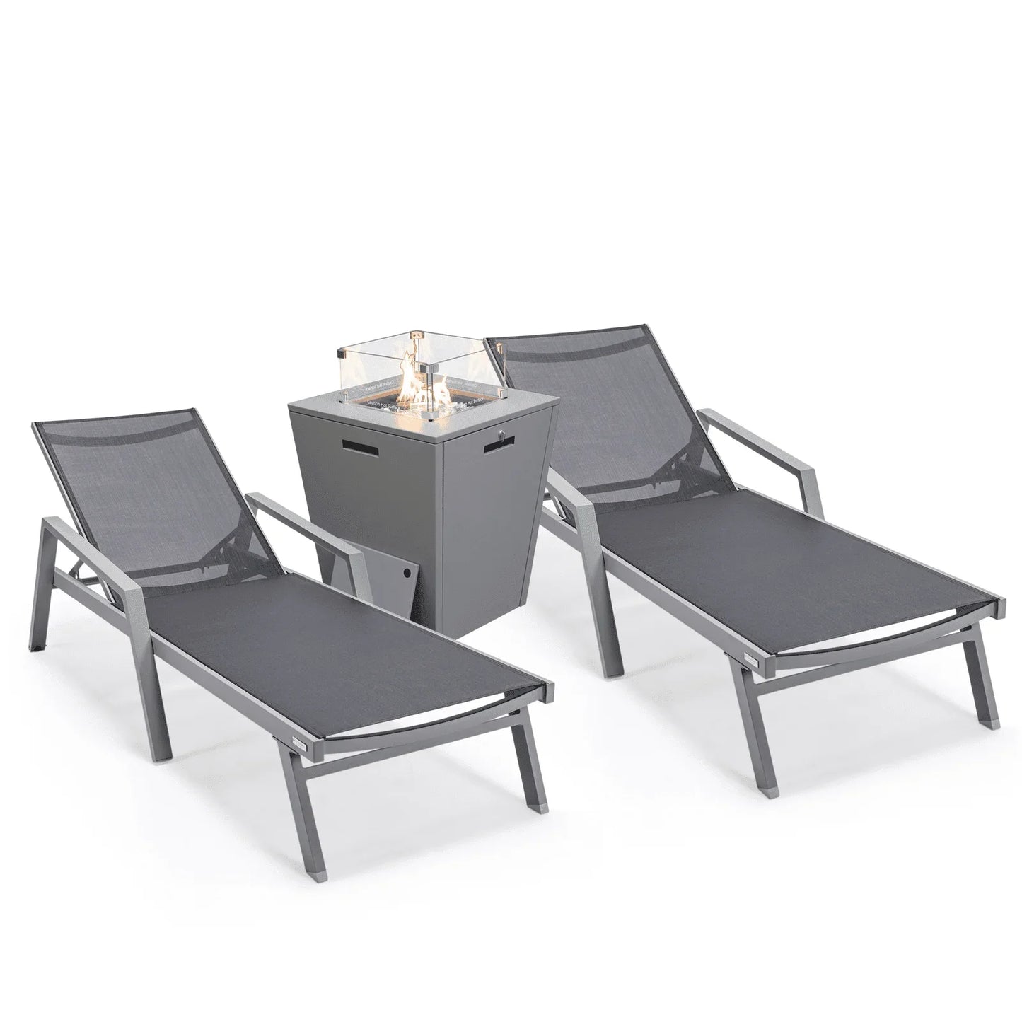 Marlin Modern White Aluminum Outdoor Chaise Lounge Chair Set of 2 With Arms And Square Fire Pit Side Table for Patio - Elax Furniture