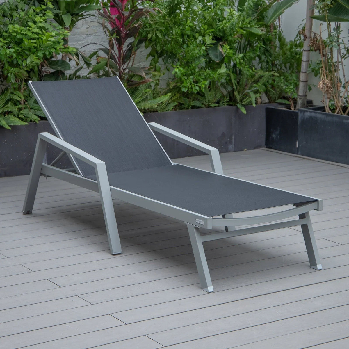 Marlin Modern Grey Aluminum Outdoor Chaise Lounge Chair Set of 2 With Arms and Square Fire Pit Side Table for Patio - Elax Furniture