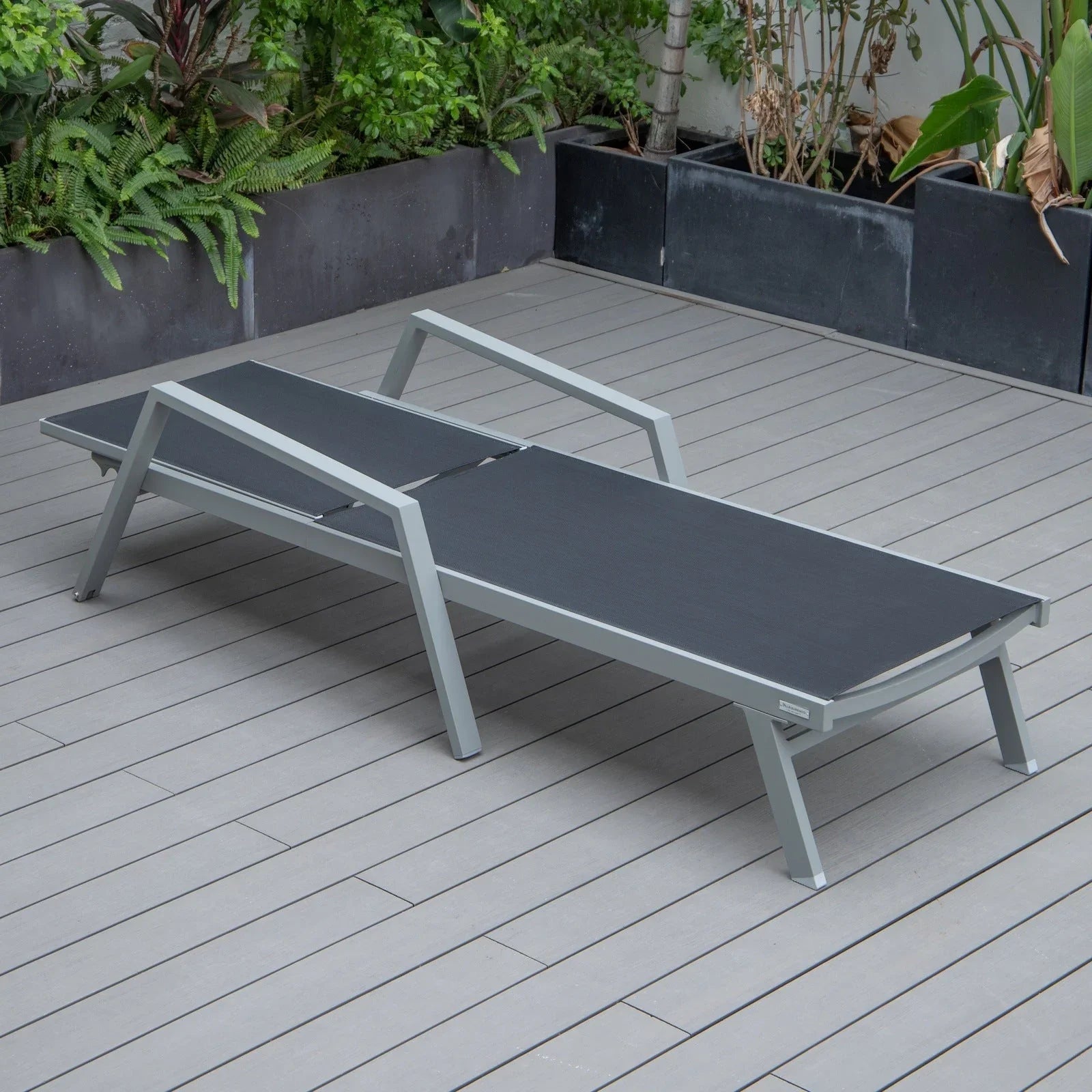 Marlin Modern Grey Aluminum Outdoor Chaise Lounge Chair Set of 2 With Arms and Square Fire Pit Side Table for Patio - Elax Furniture