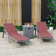 Marlin Modern White Aluminum Outdoor Chaise Lounge Chair Set of 2 With Arms And Square Fire Pit Side Table for Patio - Elax Furniture