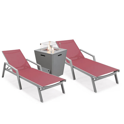 Marlin Modern White Aluminum Outdoor Chaise Lounge Chair Set of 2 With Arms And Square Fire Pit Side Table for Patio - Elax Furniture