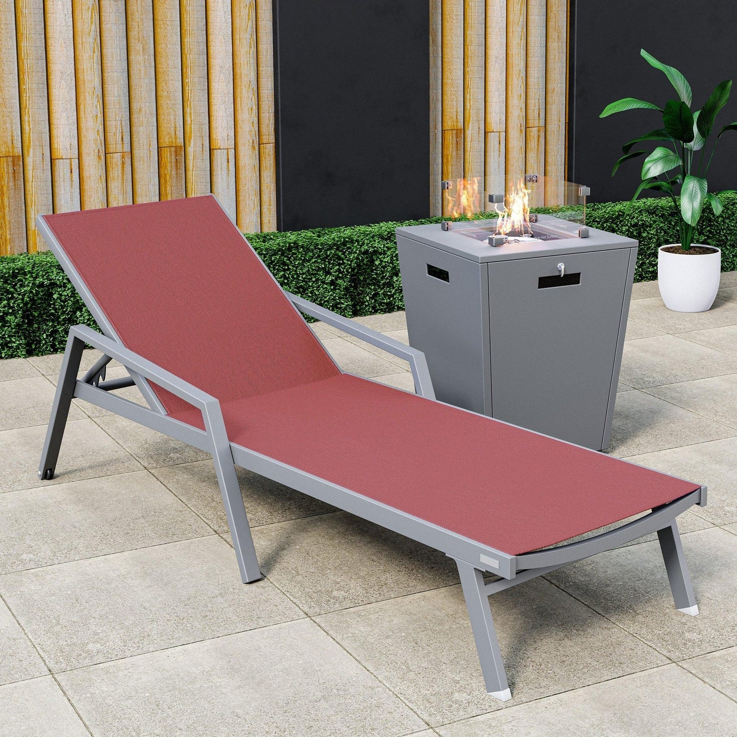 Marlin Aluminum Outdoor Chaise Lounge Chair with a Square Fire Pit Table - Elax Furniture