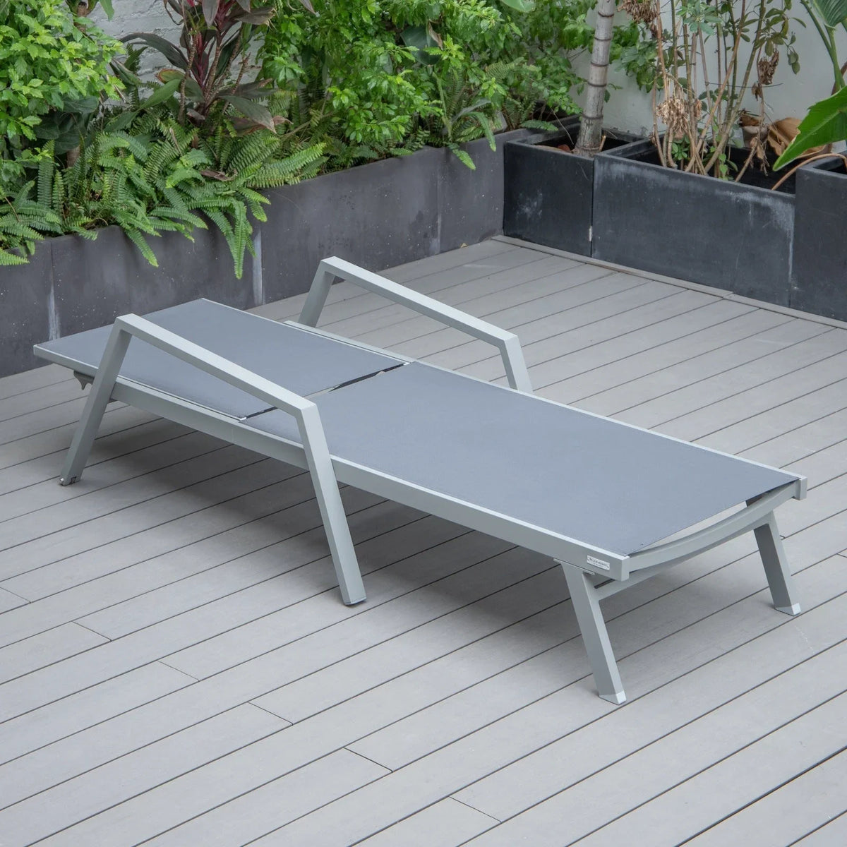 Marlin Modern Grey Aluminum Outdoor Chaise Lounge Chair Set of 2 With Arms and Square Fire Pit Side Table for Patio - Elax Furniture