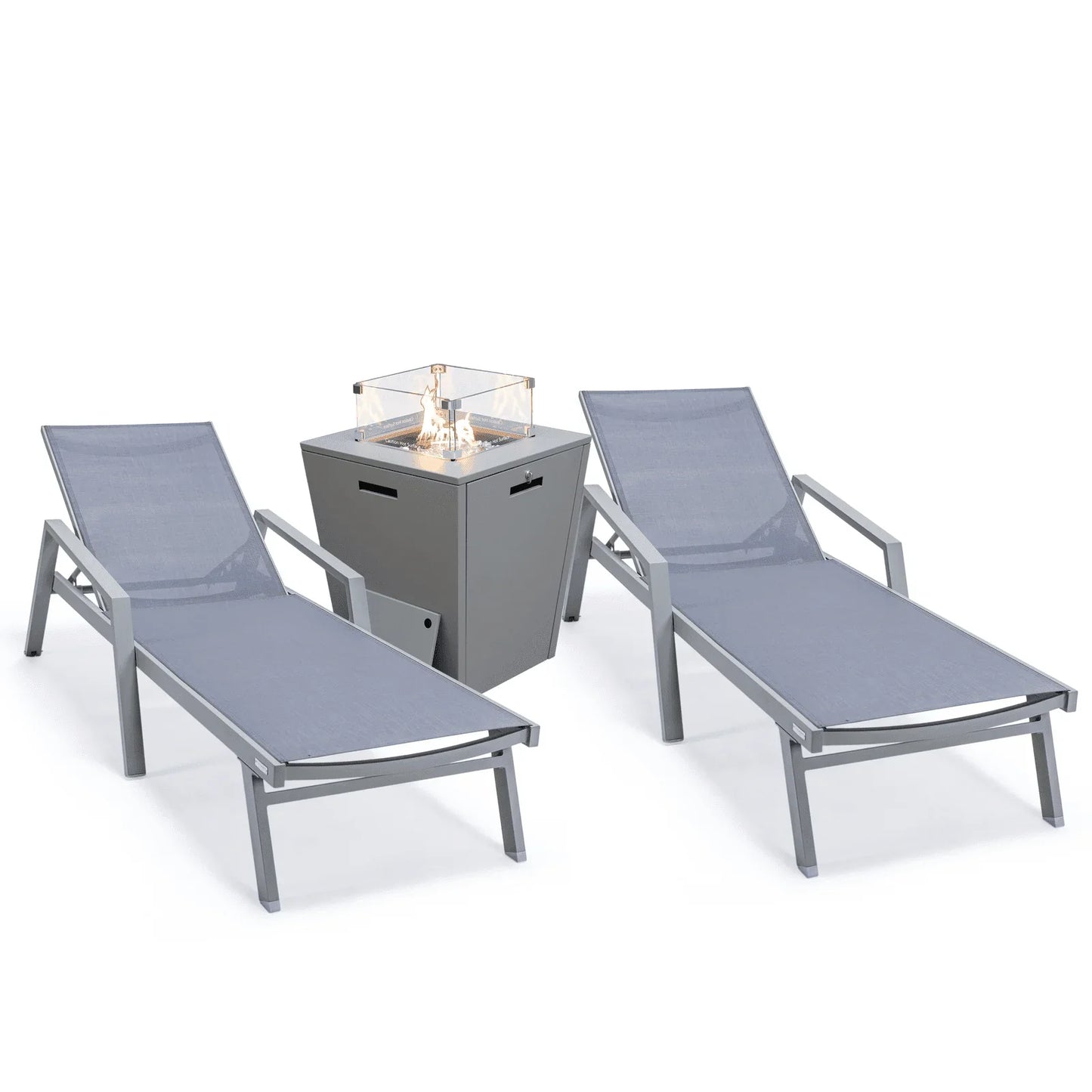 Marlin Modern White Aluminum Outdoor Chaise Lounge Chair Set of 2 With Arms And Square Fire Pit Side Table for Patio - Elax Furniture