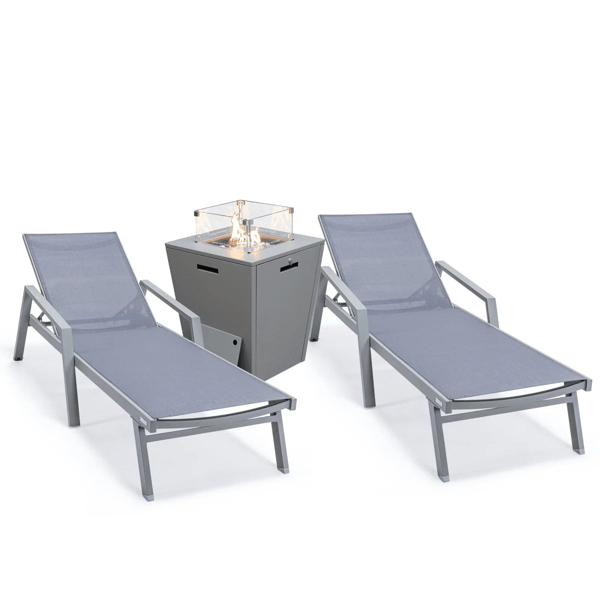 Marlin Modern Grey Aluminum Outdoor Chaise Lounge Chair Set of 2 With Arms and Square Fire Pit Side Table for Patio - Elax Furniture