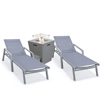 Marlin Modern Grey Aluminum Outdoor Chaise Lounge Chair Set of 2 With Arms and Square Fire Pit Side Table for Patio - Elax Furniture