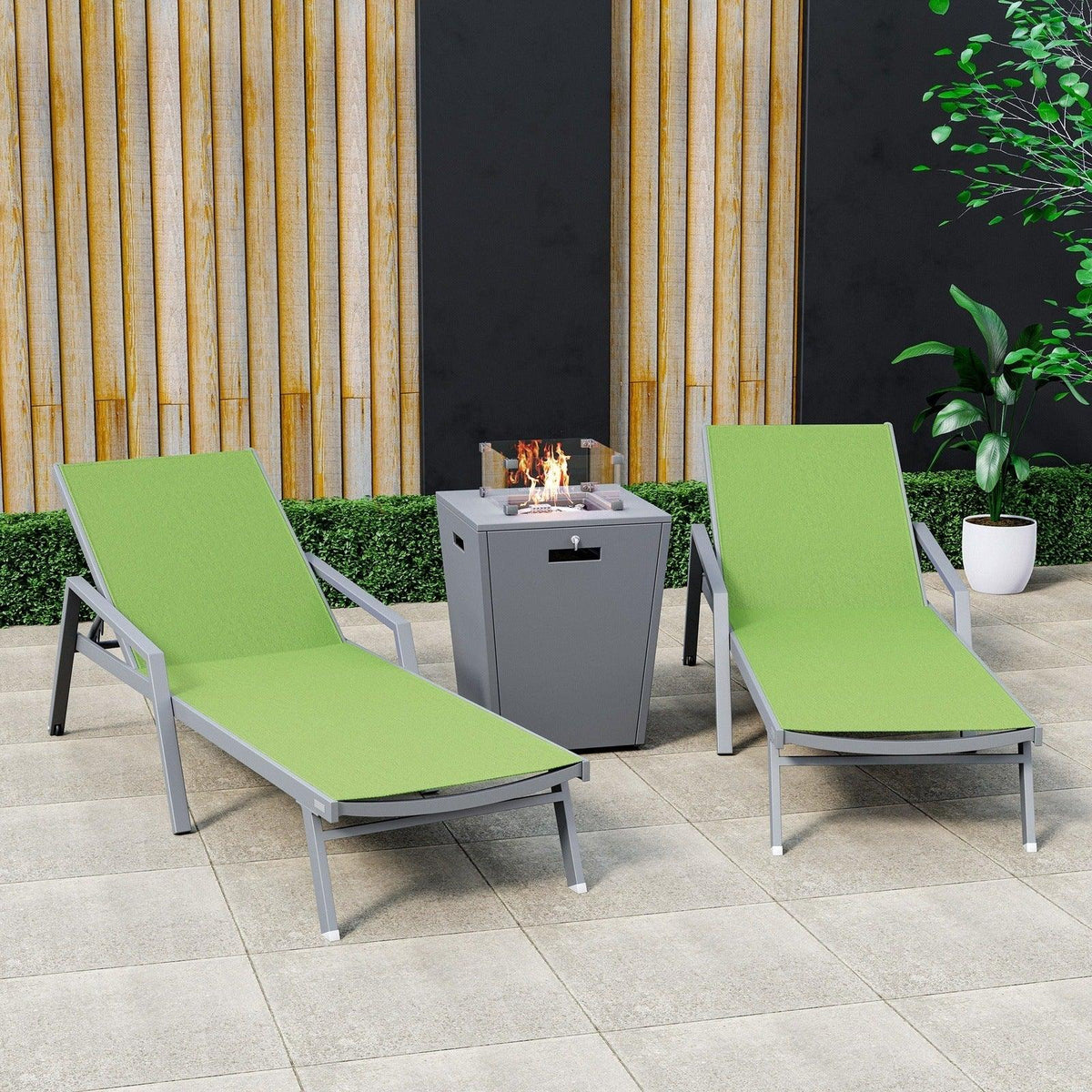 Marlin Modern Grey Aluminum Outdoor Chaise Lounge Chair Set of 2 With Arms and Square Fire Pit Side Table for Patio - Elax Furniture