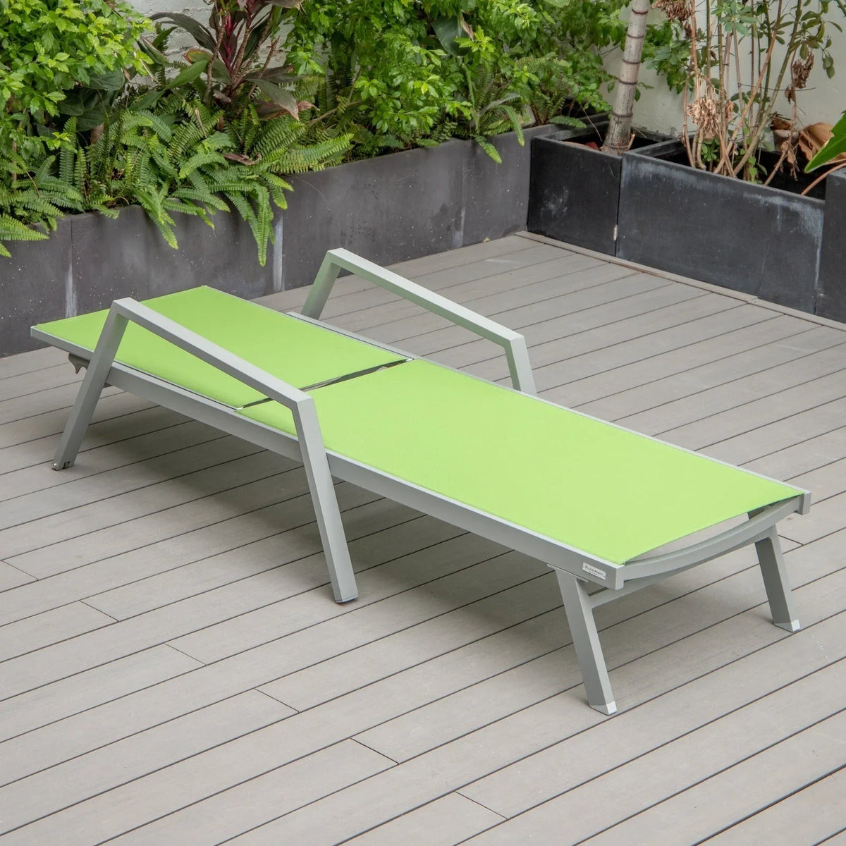 Marlin Modern Grey Aluminum Outdoor Chaise Lounge Chair Set of 2 With Arms and Square Fire Pit Side Table for Patio - Elax Furniture